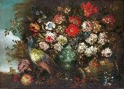 Andrea Boscoli Stilleben med blommor och pafagel oil painting on canvas